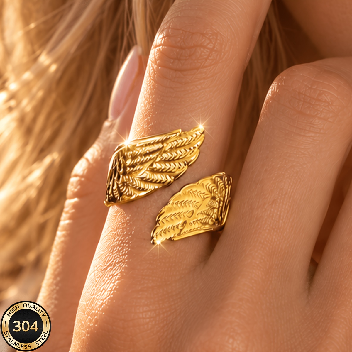 Women's 18K Golden Plated Stainless Steel Wing Open Ring